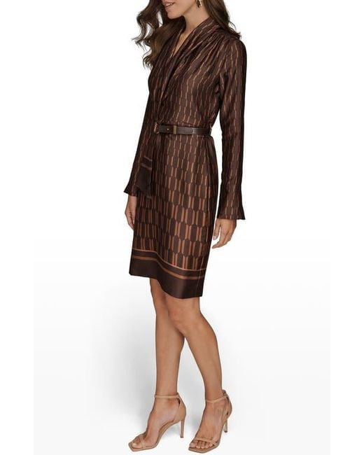 Donna Karan Brown Geo Print Long Sleeve Satin Dress