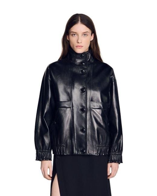 Sandro Blue Oversized Leather Jacket