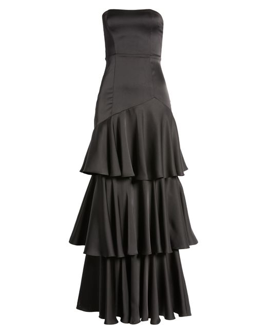 Lulus Black Blissfully Beautiful Strapless Tiered Satin Gown
