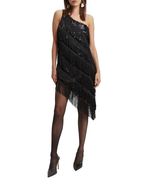 Bardot Black Lennox Sequin Fringe One-shoulder Cocktail Dress