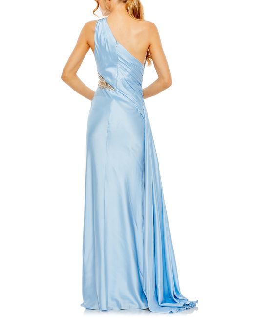 Mac Duggal Blue Crystal Detail One-shoulder Satin Gown