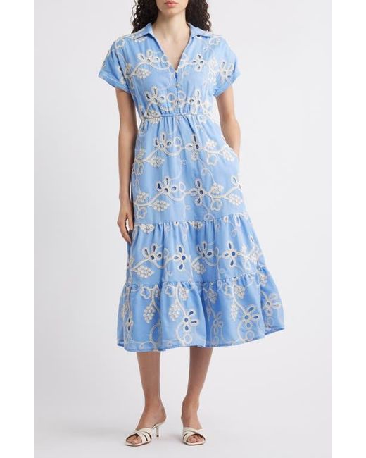 Sam Edelman Women's Blue Embroidered Tiered Midi Shirtdress