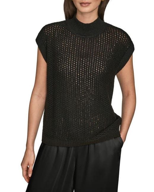 Donna Karan Black Open Stitch Cap Sleeve Sweater