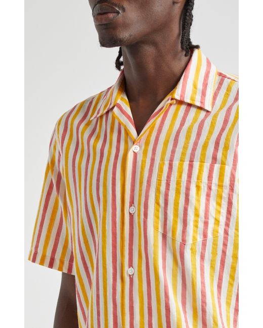 Drake's Pink Block Stripe Cotton Camp Shirt for men