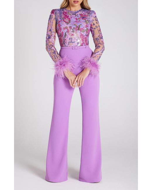 Nadine Merabi Purple Michaela Ostrich & Turkey Feather Belted Long Sleeve Jumpsuit