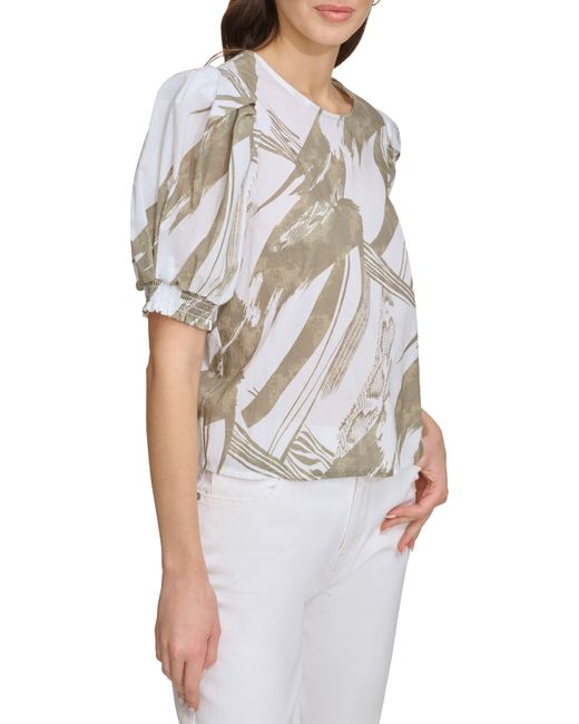 DKNY Gray Abstract Print Puff Sleeve Voile Top