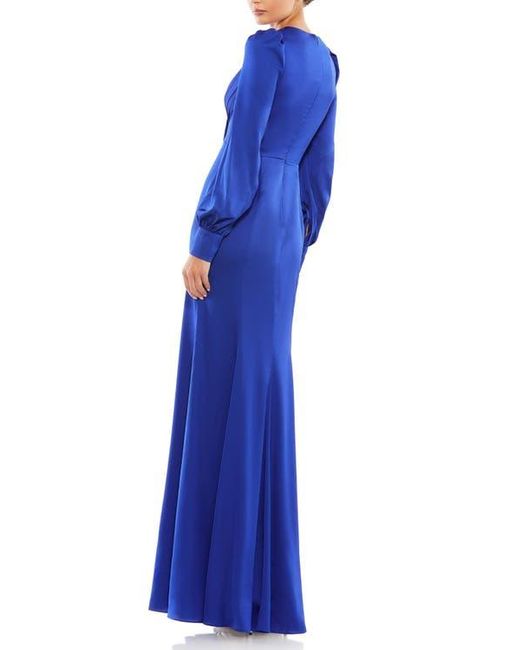 Mac Duggal Blue Satin Ruched Bishop Sleeve Gown