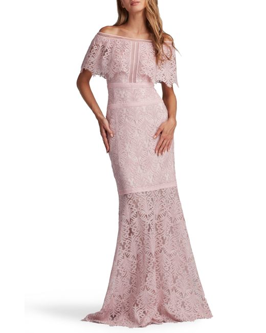 Tadashi Shoji Pink Off The Shoulder Corded Lace Gown