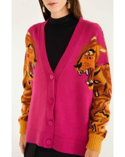 Farm Rio Pink Intarsia Tiger Colorblock Cardigan
