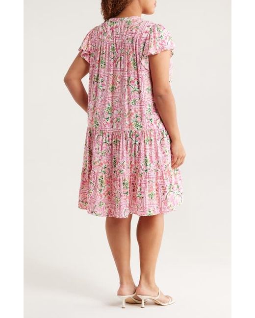 Cece Pink Flutter Sleeve Tiered Dress