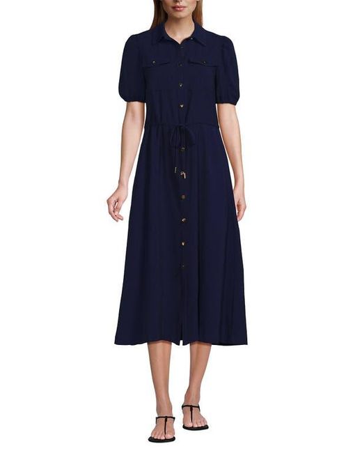 Lands' End Blue Twill Button Front Fluid Short Sleeve Dress