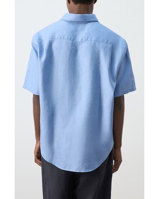 Mango Blue Solid Slub Linen Polo for men