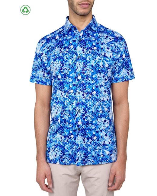 Con.struct Blue Regular Fit Palm Splatter Print Recycled Performance Golf Button-Down Shirt for men