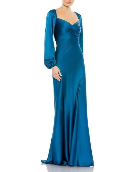 Mac Duggal Blue Sweetheart Neckline Long Puff Sleeve Gown