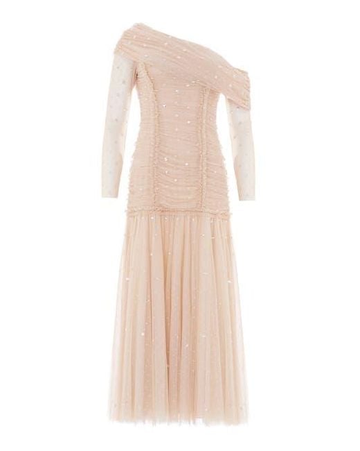 Needle & Thread Natural Gigi Dot One-Shoulder Rouched Gown