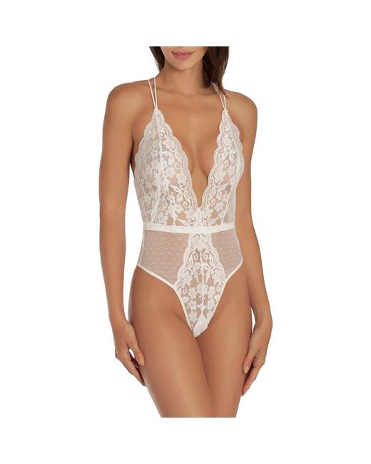 In Bloom White Plunge Neck Lace Thong Teddy