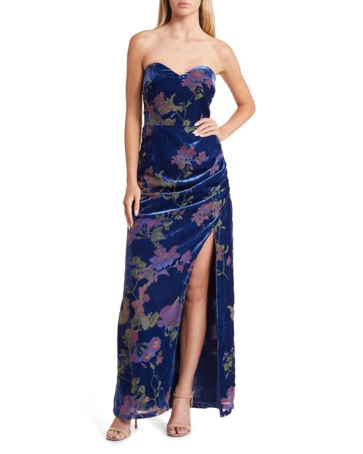 Lulus Blue Exquisite Floral Velvet Burnout Strapless Gown