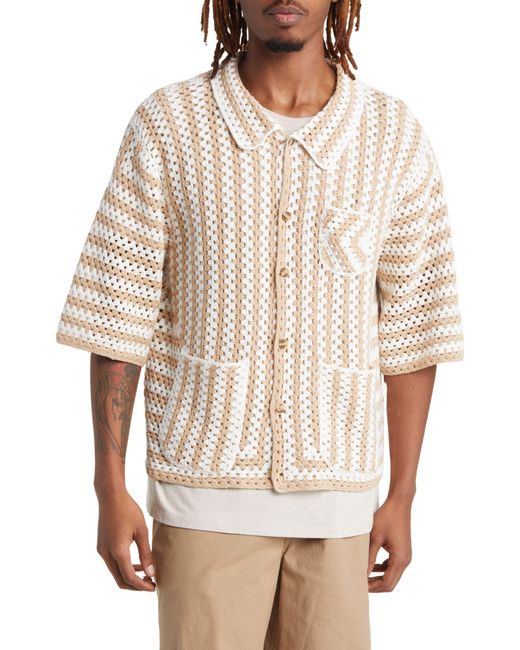 Checks Natural Stripe Crochet Cotton Button-up Shirt for men