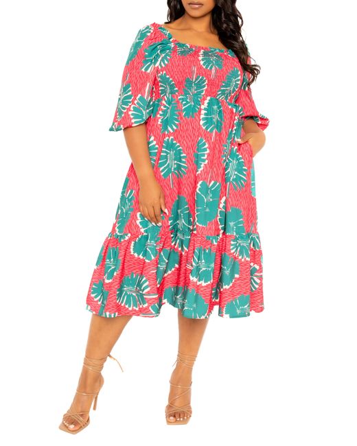 Buxom Couture Red Print Smocked Midi Dress
