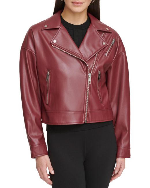 DKNY Red Faux Leather Moto Jacket