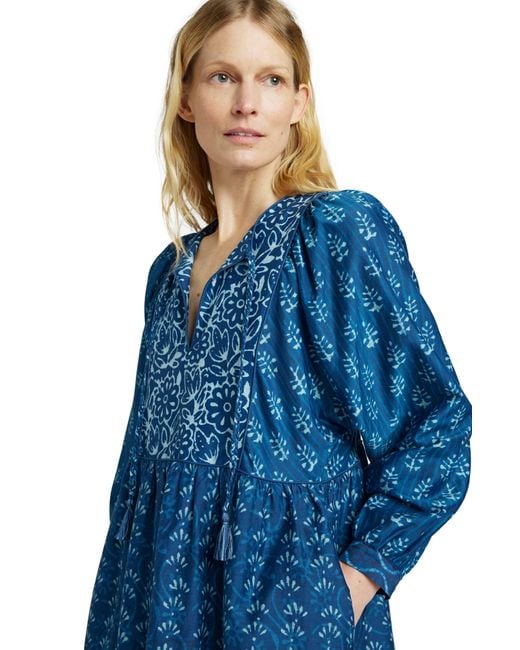 Faherty Brand Blue Solstice Mixed Print Long Sleeve Cotton & Silk Minidress