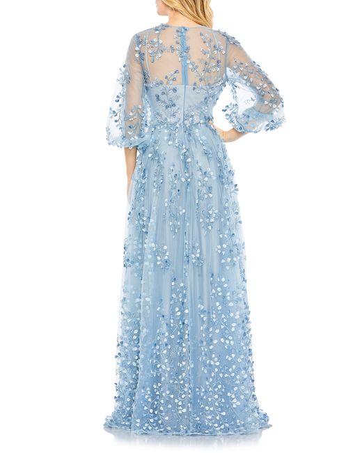 Mac Duggal Blue Embroidered Puff Sleeve A-line Gown