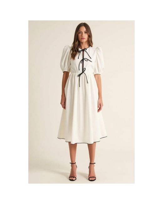 Modenaire Natural Puff Sleeve Midi Dress With Tiered Front Ties And Contrast Trim