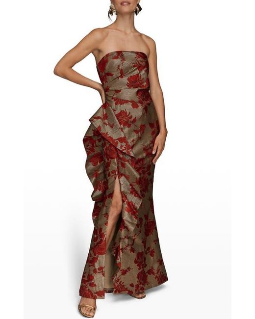 Donna Karan Brown Floral Metallic Jacquard Sleeveless Gown