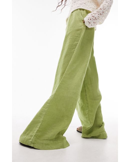 TOPSHOP Green Pleated Superwide Leg Linen Pants