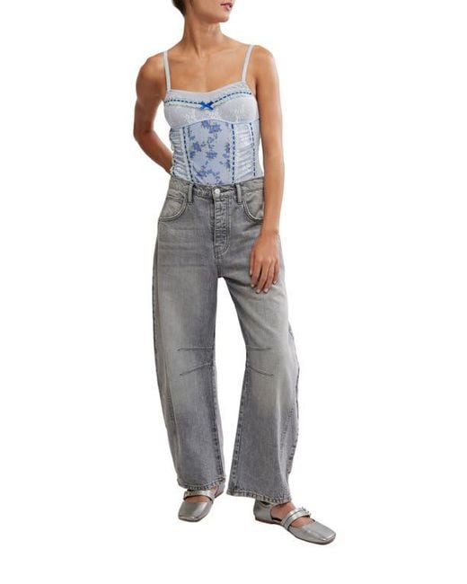 Free People Blue Sara Floral Print Lace Corset Bodysuit