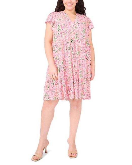 Cece Pink Flutter Sleeve Tiered Dress