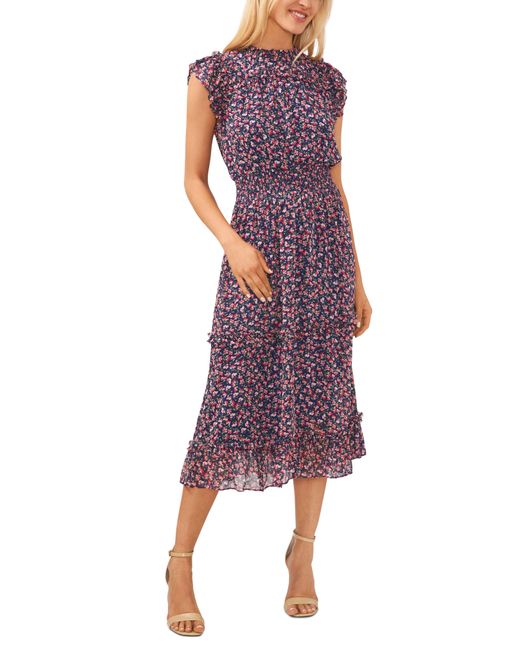 Cece Floral Flutter Sleeve Midi Dress in Purple | Lyst