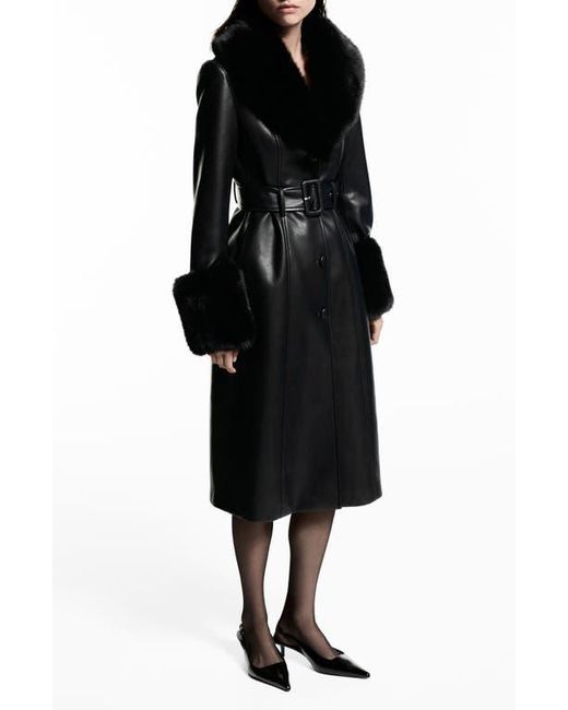 Mango Fernanda Faux Leather Belted Coat With Removable Faux Fur Trim in  Black | Lyst