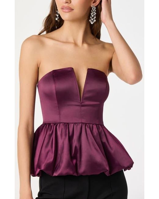 Astr Purple Satin Strapless Plunge Peplum Top