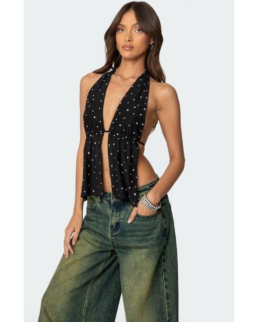 Edikted Black Studded Split Front Open Back Halter Top