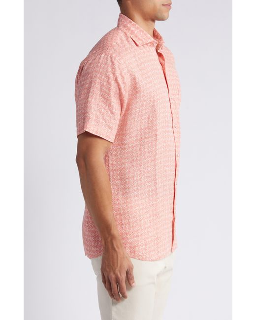 Peter Millar Pink Sandblast Geo Print Short Sleeve Linen Button-up Shirt for men
