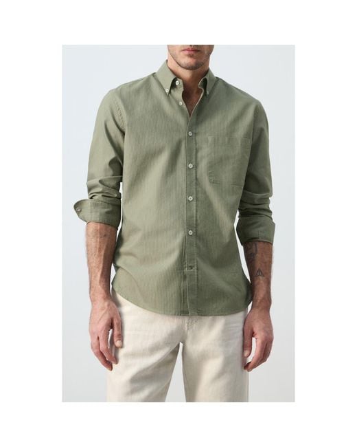 Mango Green Regular Fit Stripe Button-Down Shirt for men