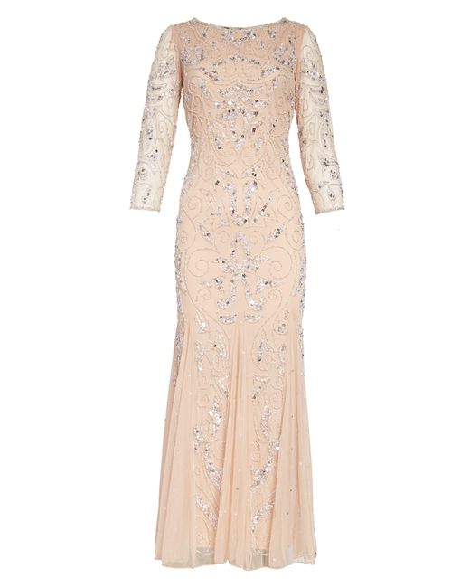 Pisarro Nights Natural Illusion Sleeve Beaded A-line Gown