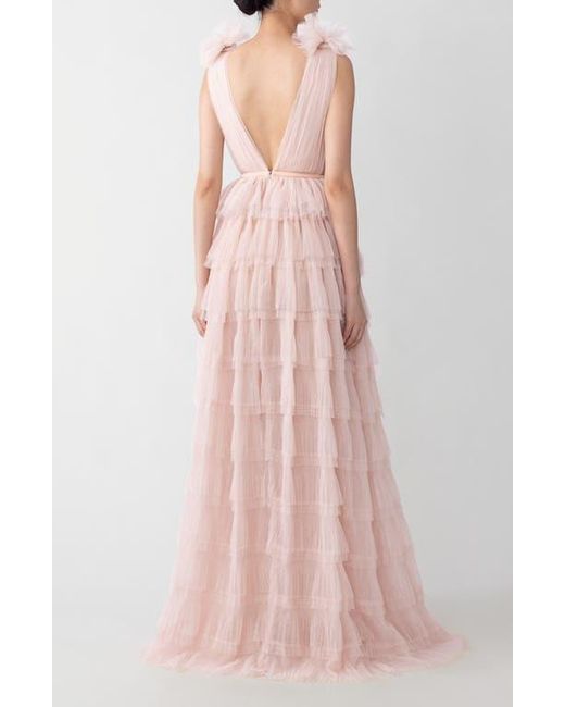 SAU LEE Pink Sabrina Plunge Neck Tiered Tulle Gown