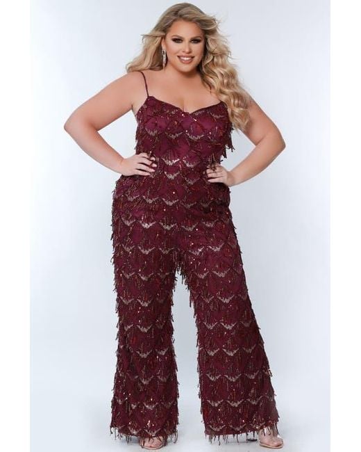 Sydney's Closet Women's Red Spaghetti Strap Sequin Fringe Plus