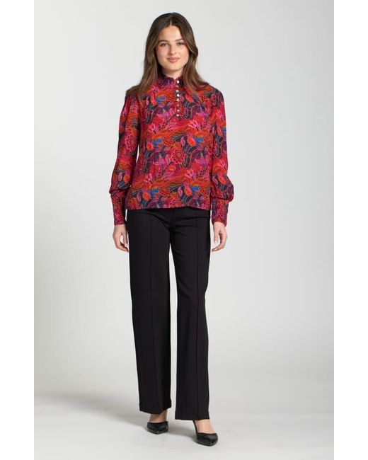 Apny Red Puff Shoulder Button Front Top