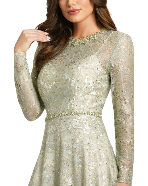 Mac Duggal White Embellished Floral Long Sleeve Lace Gown