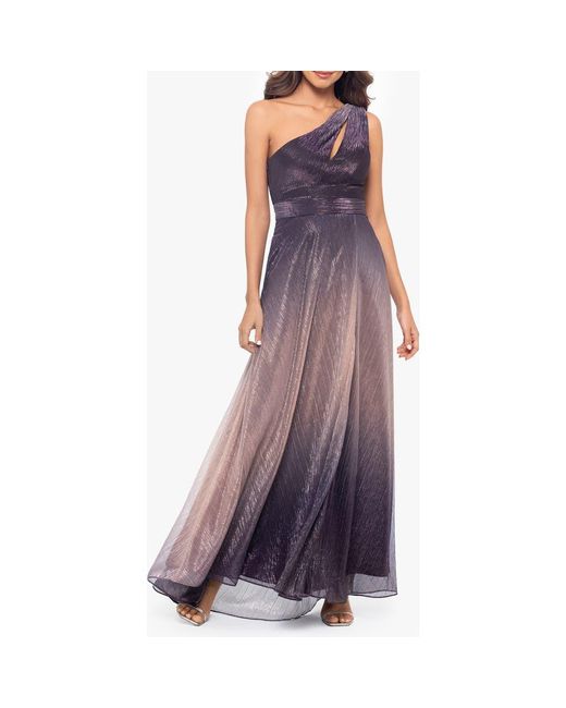 Betsy & Adam Purple One-Shoulder Metallic Crinkle Ombré Gown