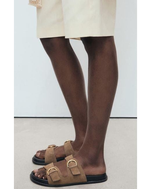 Mango Brown Double-Buckle Slide Sandal