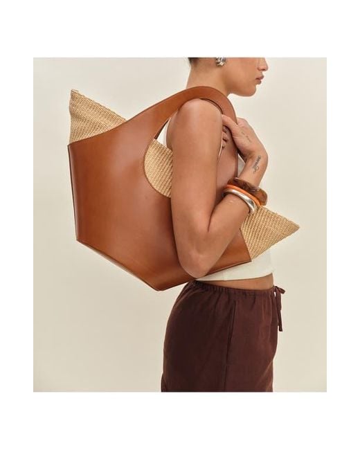 Reformation Brown Siena Leather & Raffia Top Handle Tote