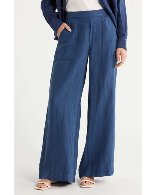 Frank & Eileen Blue Patch Pocket Pull-On Wide Leg Linen Pants