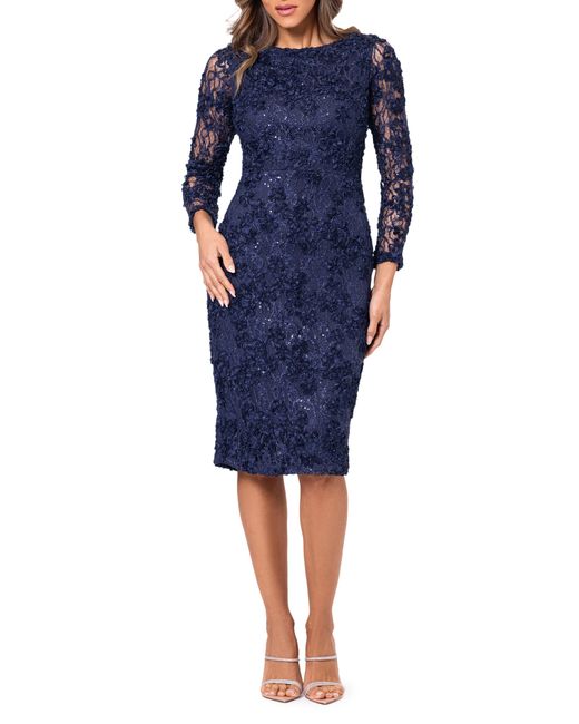 Xscape Blue Floral Long Sleeve Sequin Lace Midi Cocktail Dress