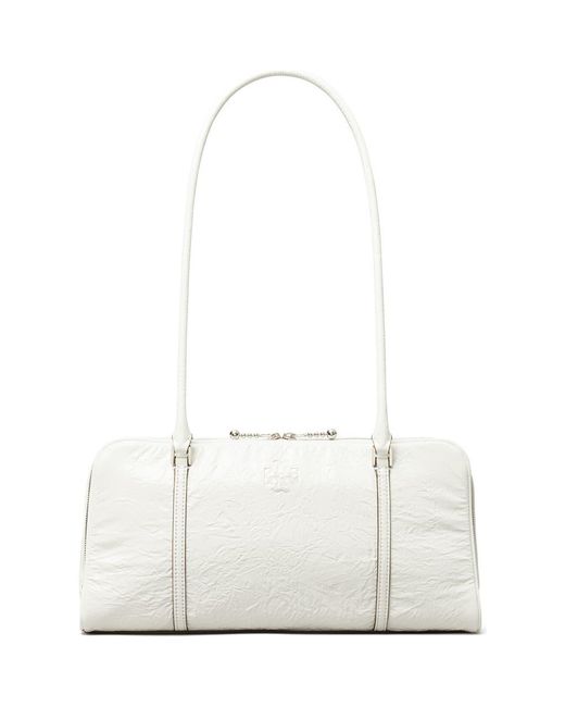 Tory Burch White T Monogram Small Metallic Marshmallow Satchel
