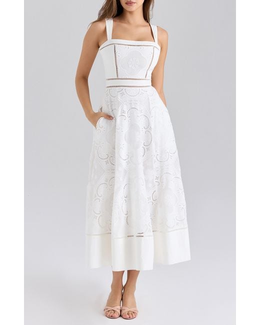 house of cb a line dress Ava Embroidered A-Line in White line shape and Kaia Bridal ShowerBlack Black Long Sleeve Backless size:S - UK 8-10