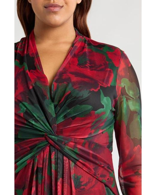 Anne Klein Floral Twist Front Long Sleeve Mesh Maxi Dress in Red | Lyst